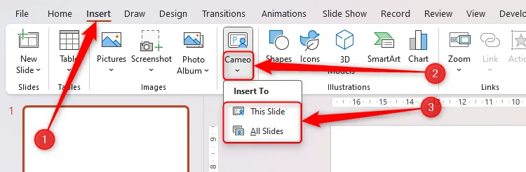 Nút Cameo trong PowerPoint được chọn, với tùy chọn chèn camera chỉ vào slide hiện hoạt hoặc tất cả các slide được hiển thị, cho phép tùy chỉnh vị trí hình ảnh người thuyết trình.