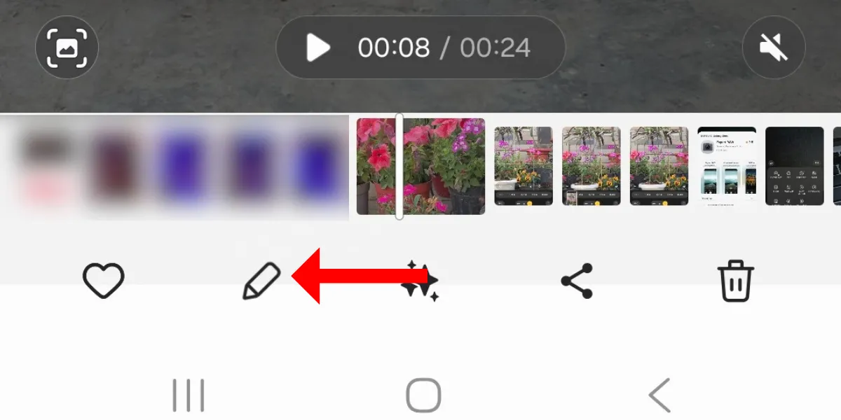Nút chỉnh sửa (biểu tượng bút chì) trong ứng dụng Thư viện của Galaxy S25 khi xem video.