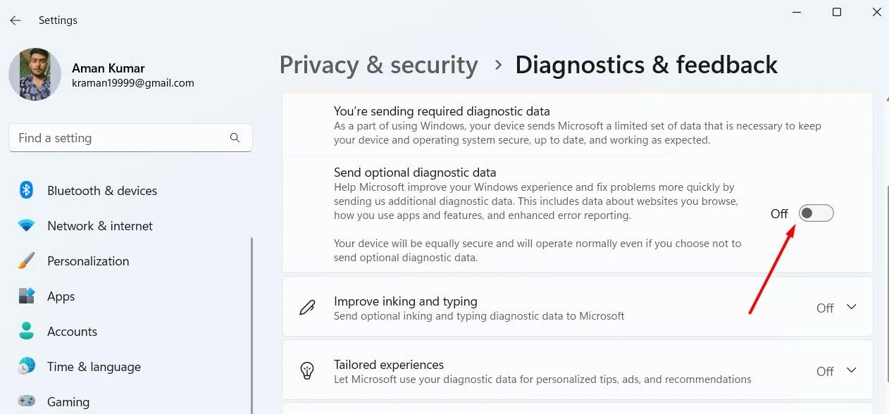 Nút chuyển đổi &quot;Send Optional Diagnostic Data&quot; (Gửi dữ liệu chẩn đoán tùy chọn) trong cài đặt Chẩn đoán &amp; Phản hồi của Windows 11.