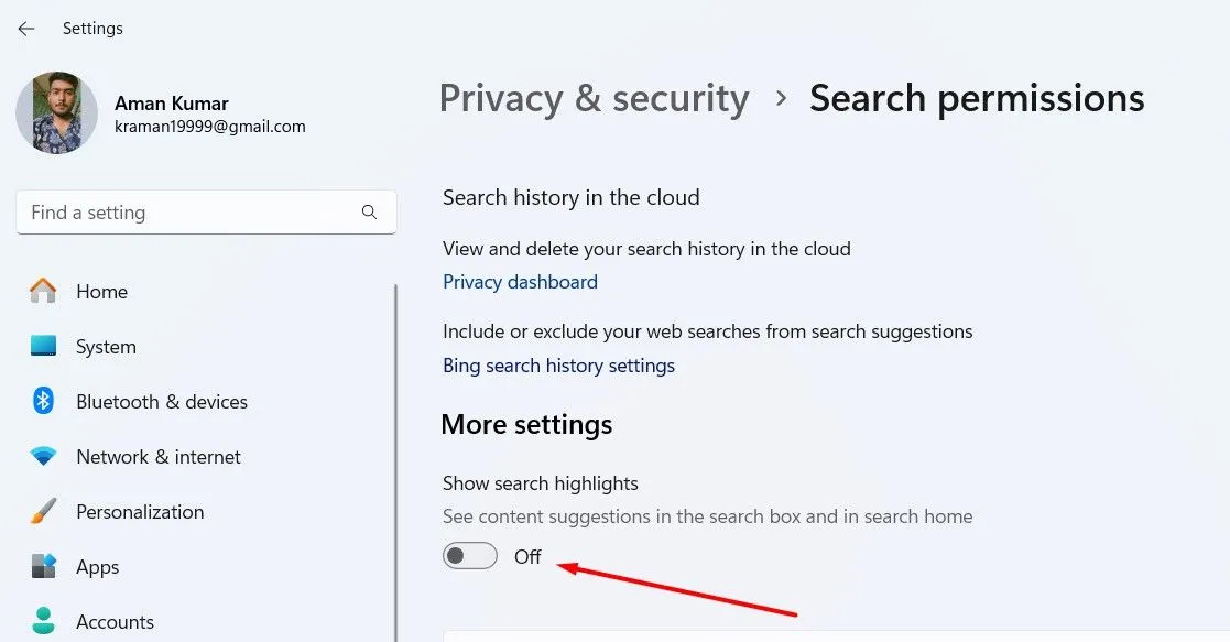 Nút chuyển đổi &quot;Show Search Highlights&quot; trong cài đặt Quyền riêng tư &amp; Bảo mật của Windows 11.