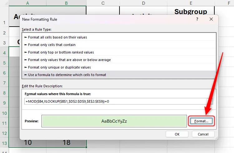 Nút Format trong hộp thoại Conditional Formatting Rule trong Microsoft Excel được chọn, và một nền ô màu xanh lá nhạt hiển thị trong phần xem trước.