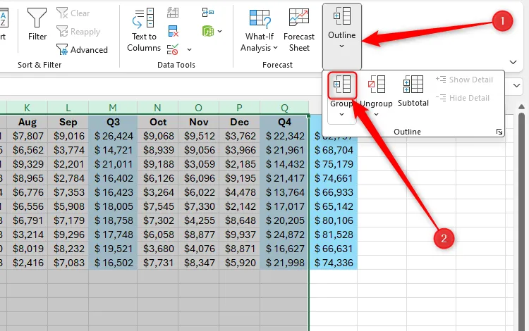 Nút Group (Nhóm) trong menu Outline của tab Data trên ribbon Excel, để tạo nhóm dữ liệu.