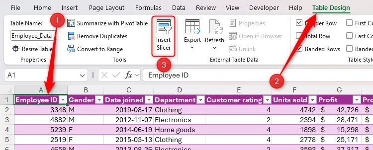 Nút &quot;Insert Slicer&quot; trong thẻ Table Design của Excel, dùng để thêm công cụ lọc Slicer.