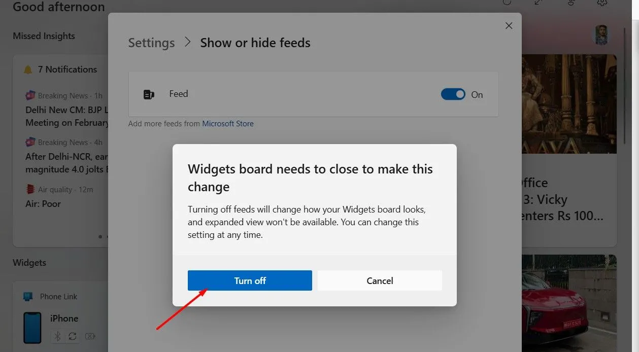 Nút &quot;Turn Off&quot; (Tắt) để xác nhận vô hiệu hóa nguồn cấp tin tức trong bảng Widgets trên Windows 11.