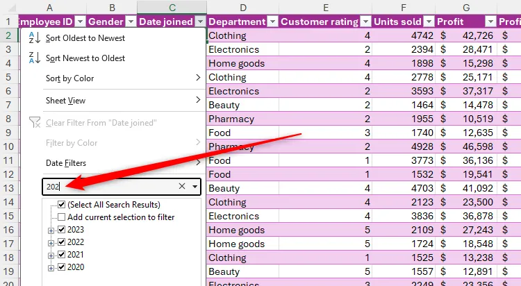 Ô tìm kiếm trong bộ lọc của bảng Excel giúp nhanh chóng tìm kiếm dữ liệu.