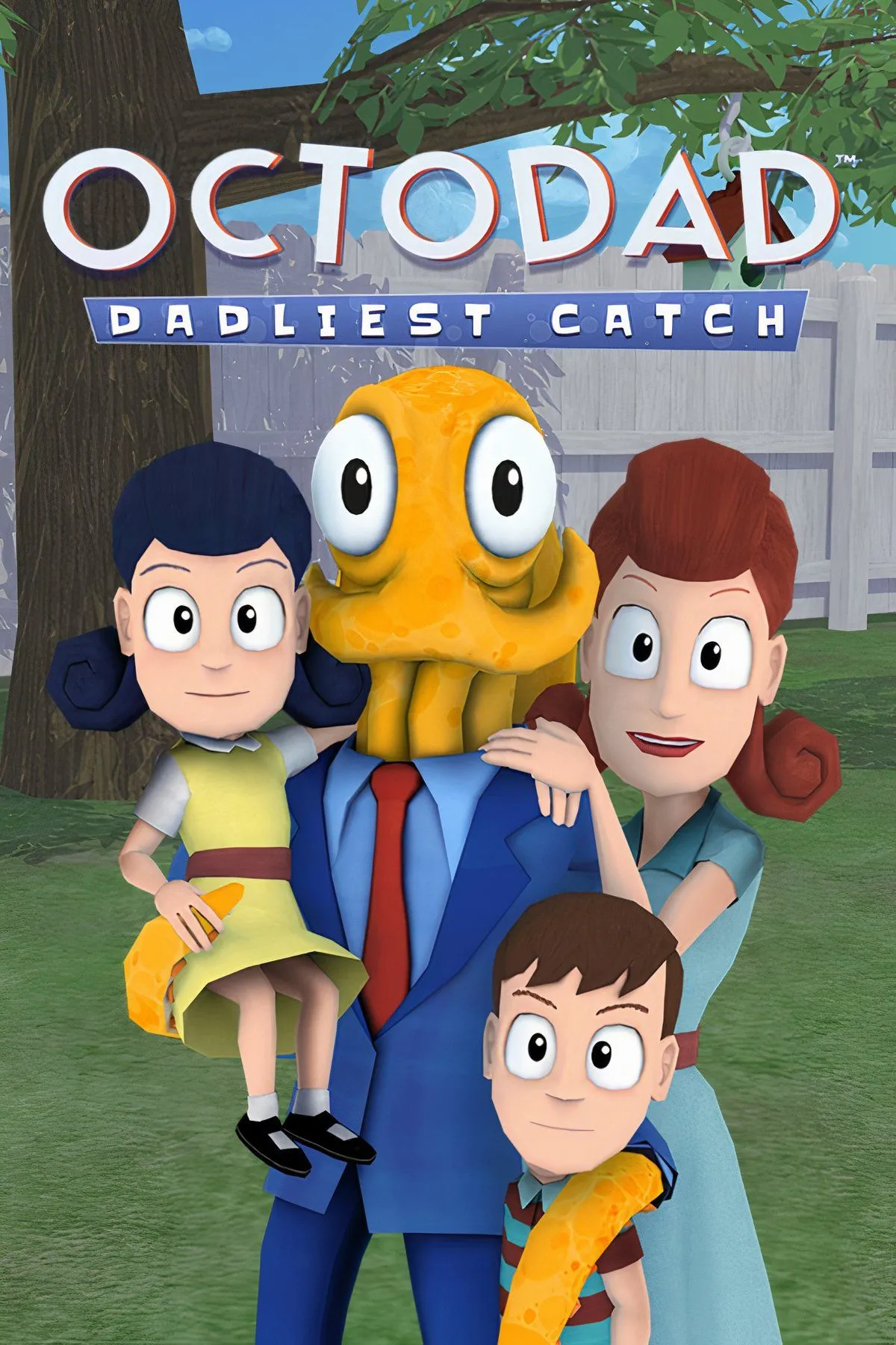 Octodad, một con bạch tuộc trong trang phục con người, đang thực hiện một hành động vụng về, thể hiện rõ ràng cơ chế vật lý ragdoll khó điều khiển của game
