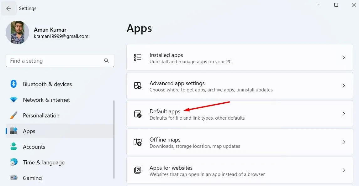 Phần &quot;Default Apps&quot; (Ứng dụng mặc định) trong ứng dụng Cài đặt của Windows 11 để chọn ứng dụng mở tệp và liên kết.