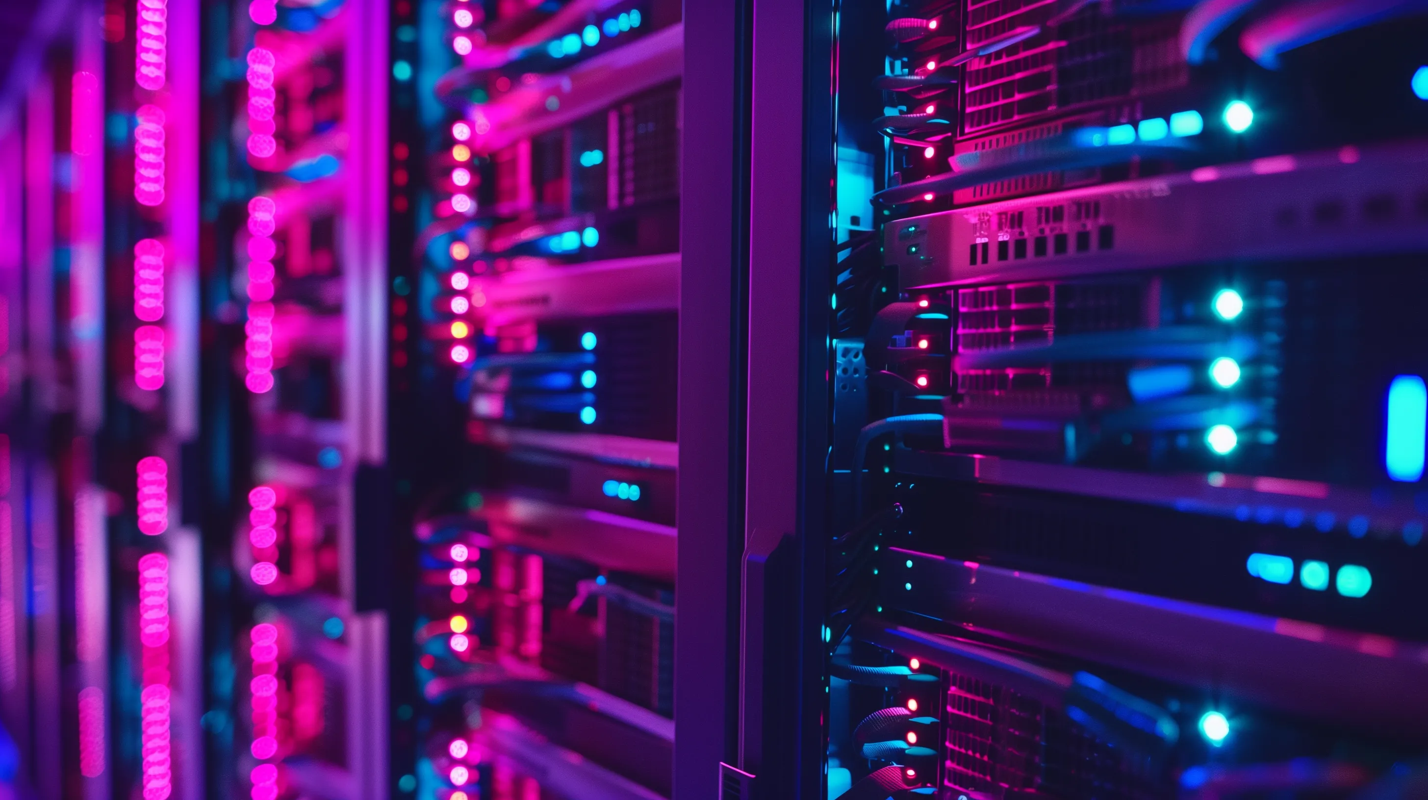 Phòng máy chủ với ánh đèn neon, đại diện cho cơ sở hạ tầng mạng lưới nơi Linux thống trị.