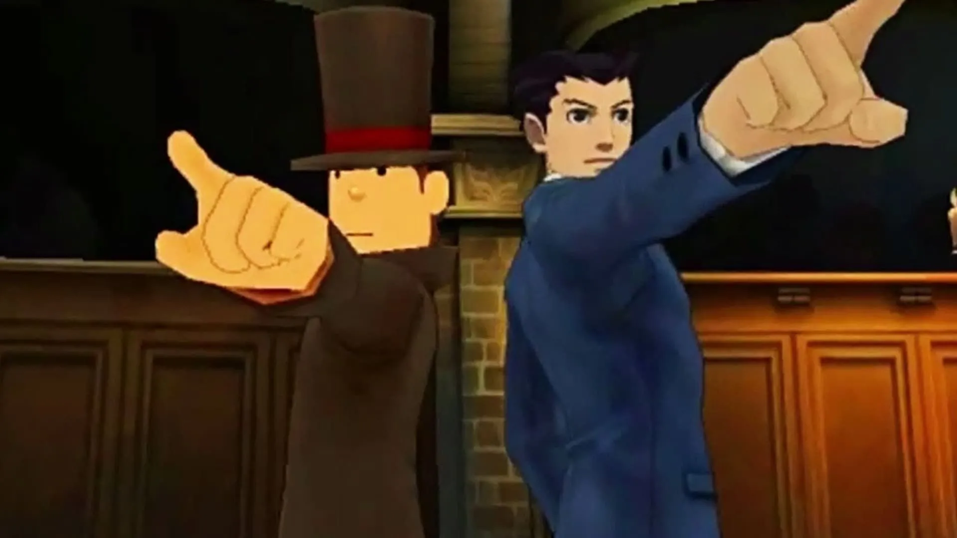 Professor Layton và Phoenix Wright trong tựa game giải đố kết hợp điều tra Ace Attorney