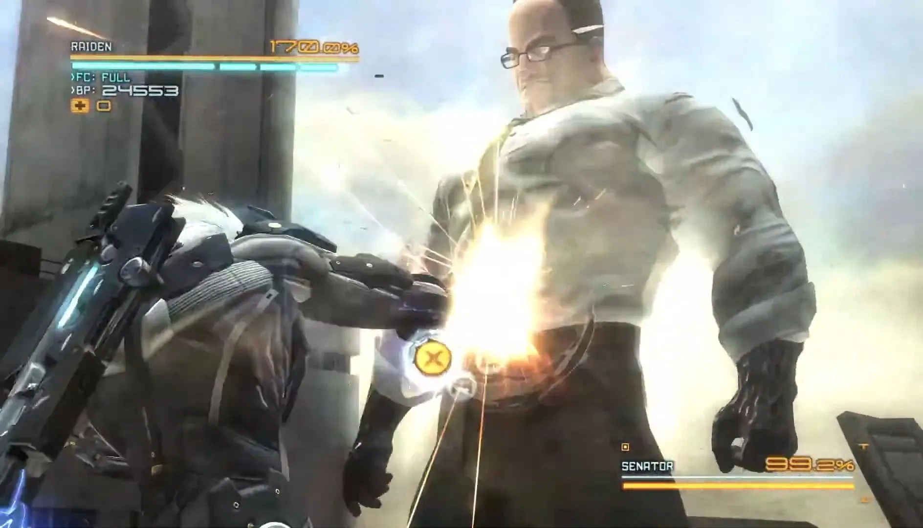 Raiden tung cú đấm mạnh mẽ vào Senator Armstrong trong Metal Gear Rising: Revengeance