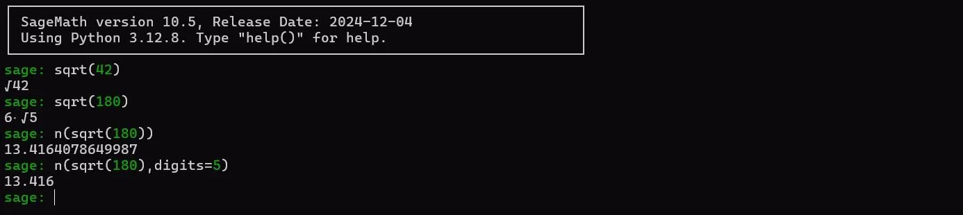 SageMath thực hiện tính toán căn bậc hai và hiển thị kết quả dưới dạng biểu tượng trên terminal