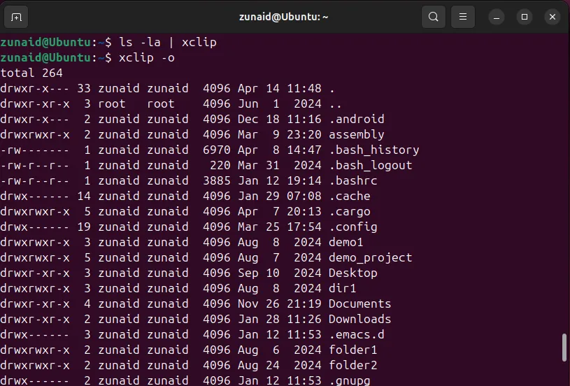 Sao chép kết quả đầu ra từ lệnh ls -la vào clipboard Linux bằng xclip để sử dụng nhanh chóng.