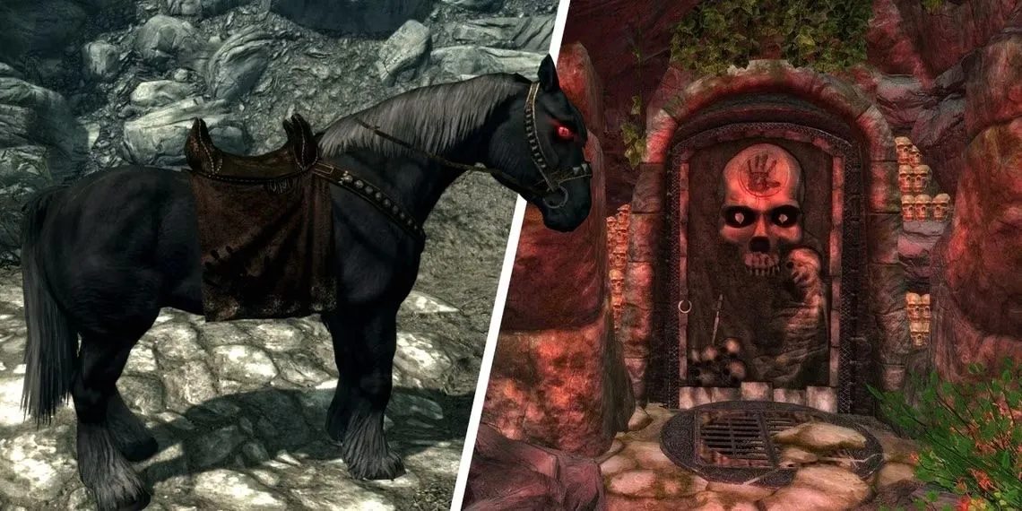 Shadowmere, chú ngựa ma quái mạnh mẽ trong Skyrim, nổi lên từ hồ nước đen, biểu tượng của Dark Brotherhood.