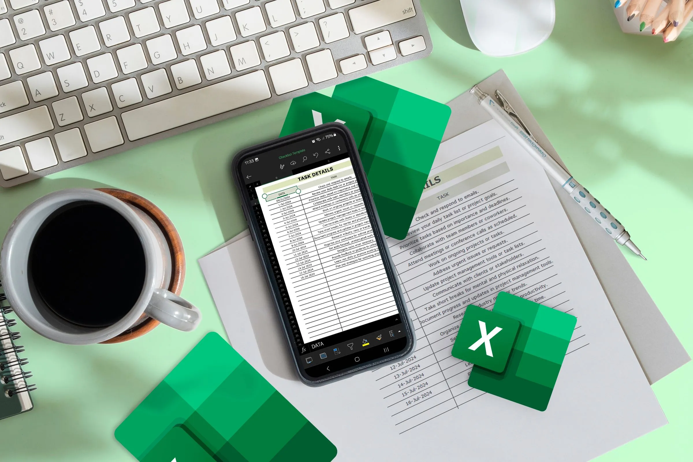 So sánh bảng tính Excel trên điện thoại ở chế độ tối và bản in giấy ở chế độ sáng, nhấn mạnh sự khác biệt khi in.