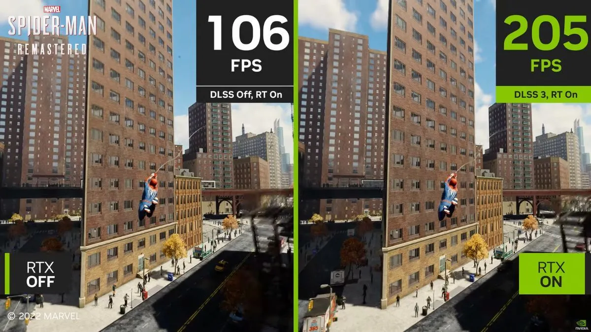 So sánh hiệu năng Spider-Man Remastered với DLSS 3 bật và tắt, minh họa công nghệ tăng tốc khung hình