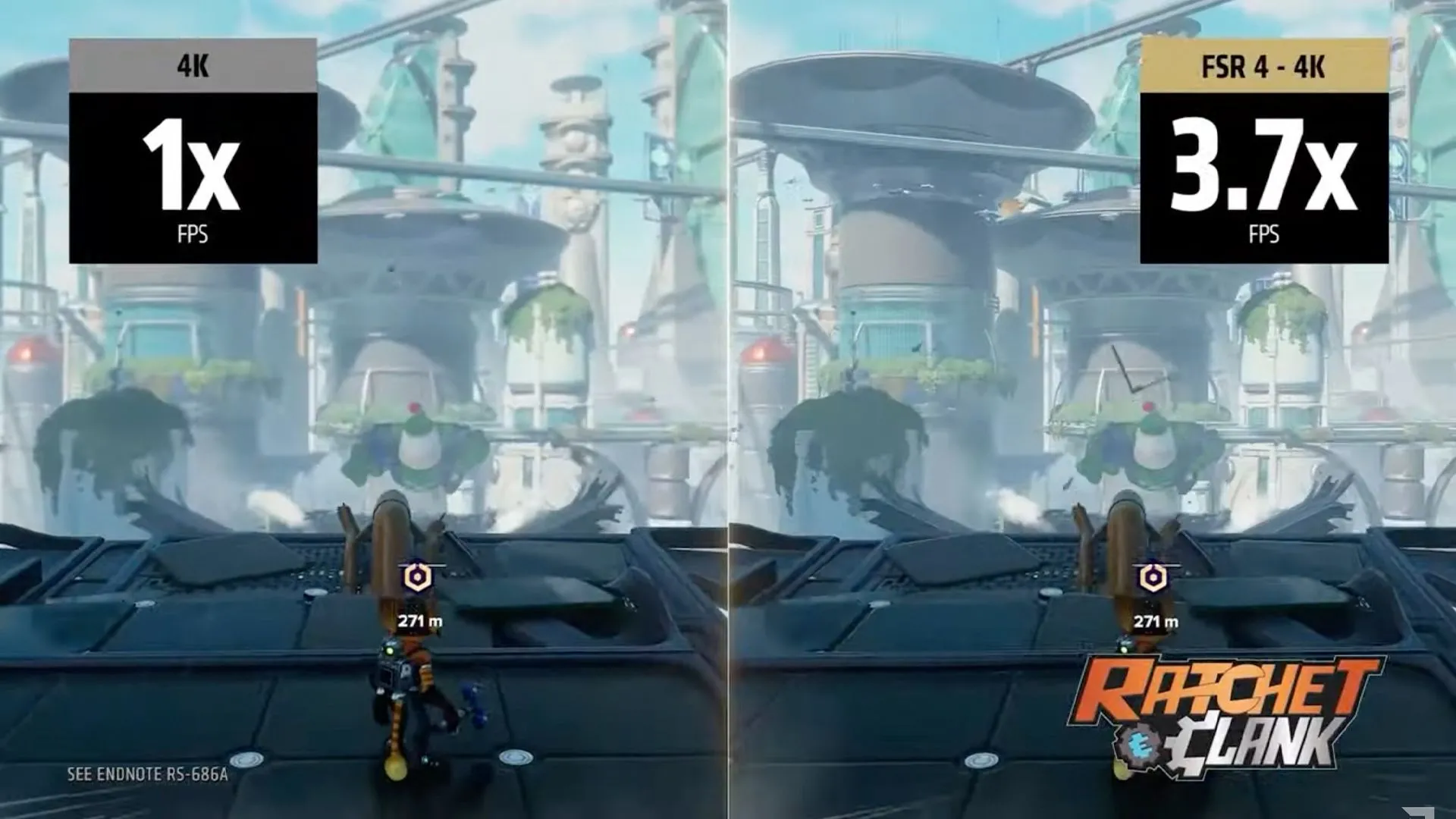 So sánh hiệu quả công nghệ FSR 4 của AMD trong game Ratchet and Clank, minh họa khả năng nâng cấp hình ảnh của Steam Deck 2
