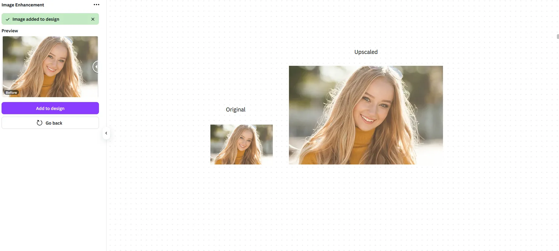 So sánh hình ảnh trước và sau khi nâng cấp độ phân giải bằng Image Upscaler của Canva
