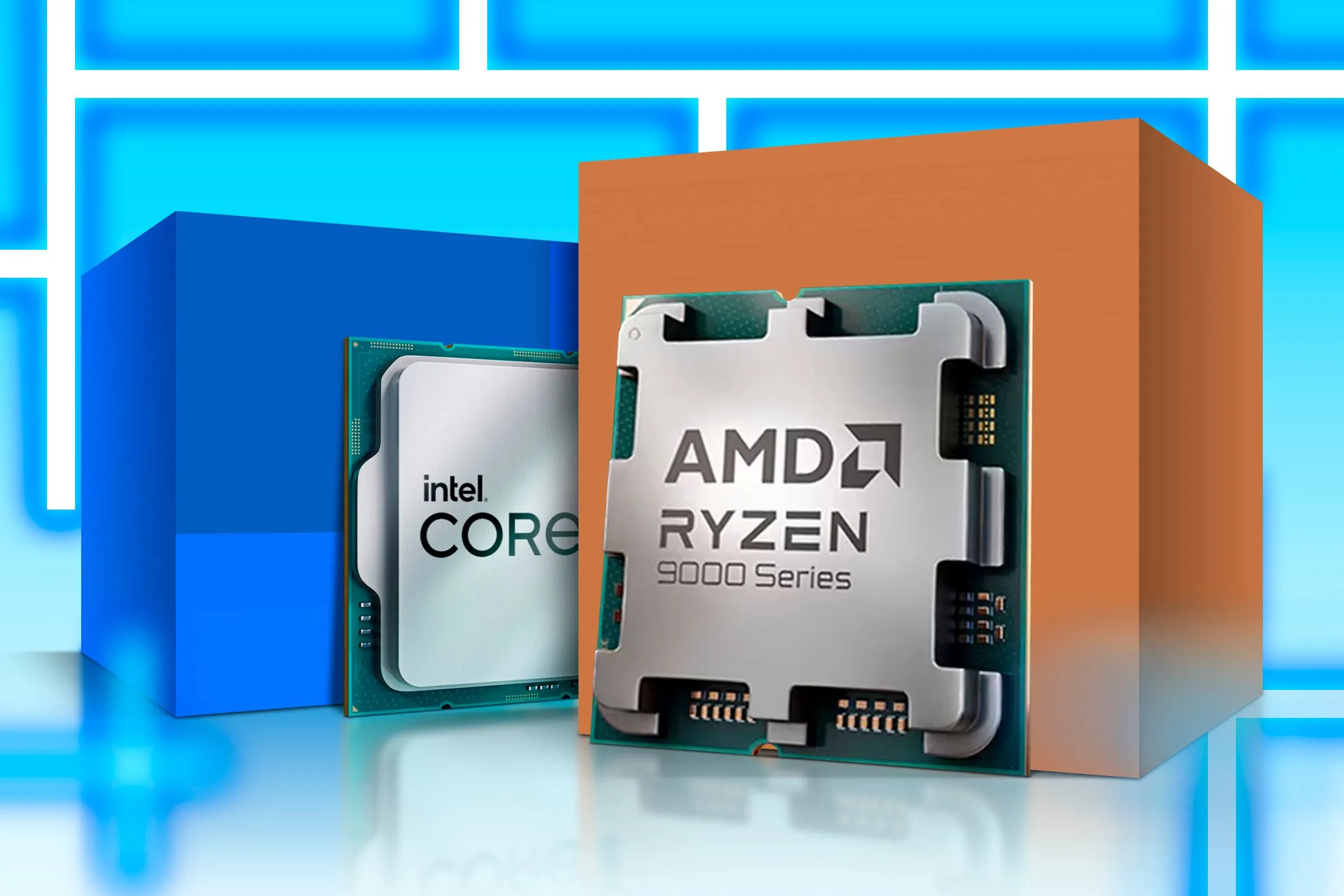 So sánh trực quan giữa một CPU Intel và một CPU AMD, đại diện cho hai nhà sản xuất vi xử lý lớn trên thị trường máy tính.
