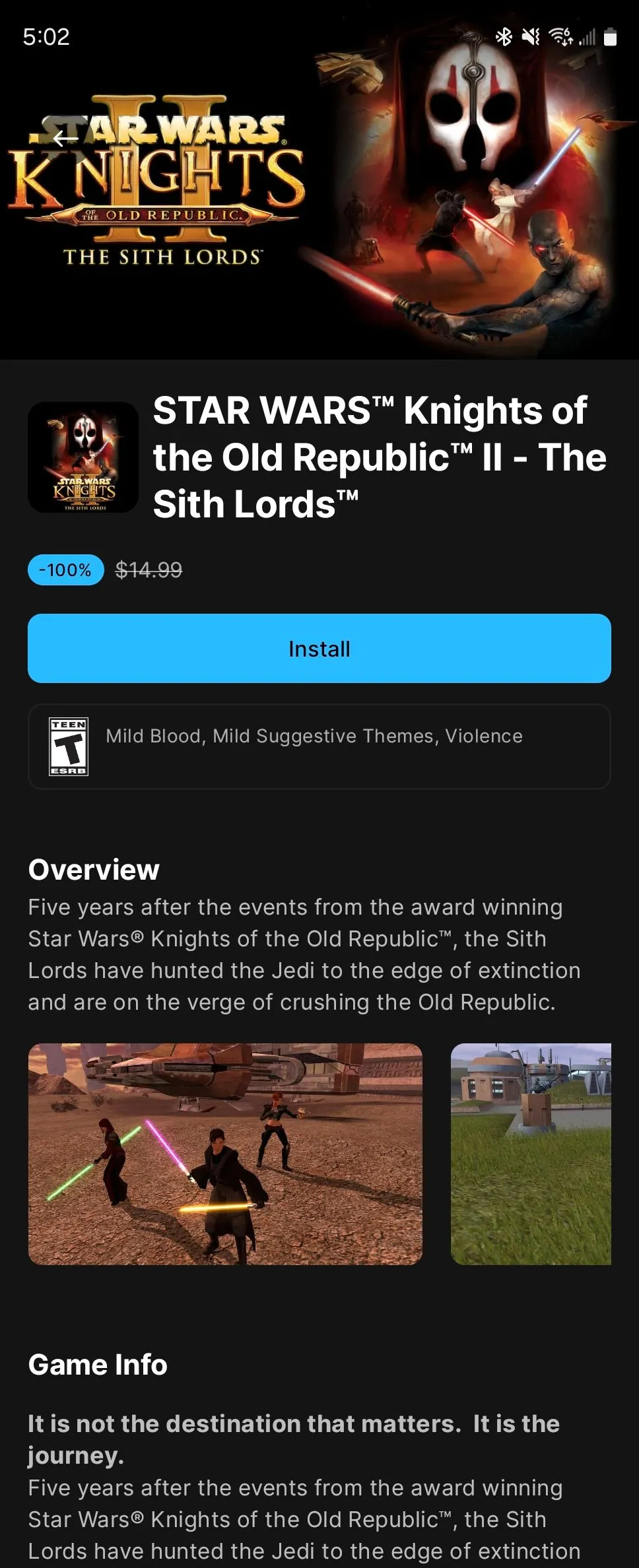 Star Wars Knights of the Old Republic II cũng miễn phí trên Epic Games Store Android.