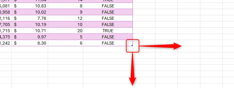 Sử dụng fill handle của bảng Excel để kéo giãn và mở rộng bảng theo chiều ngang hoặc dọc.