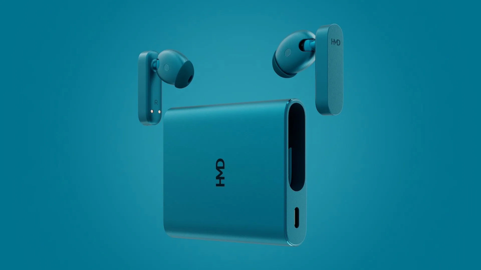 Tai nghe không dây HMD Amped Buds màu đen trong hộp sạc kiêm sạc dự phòng
