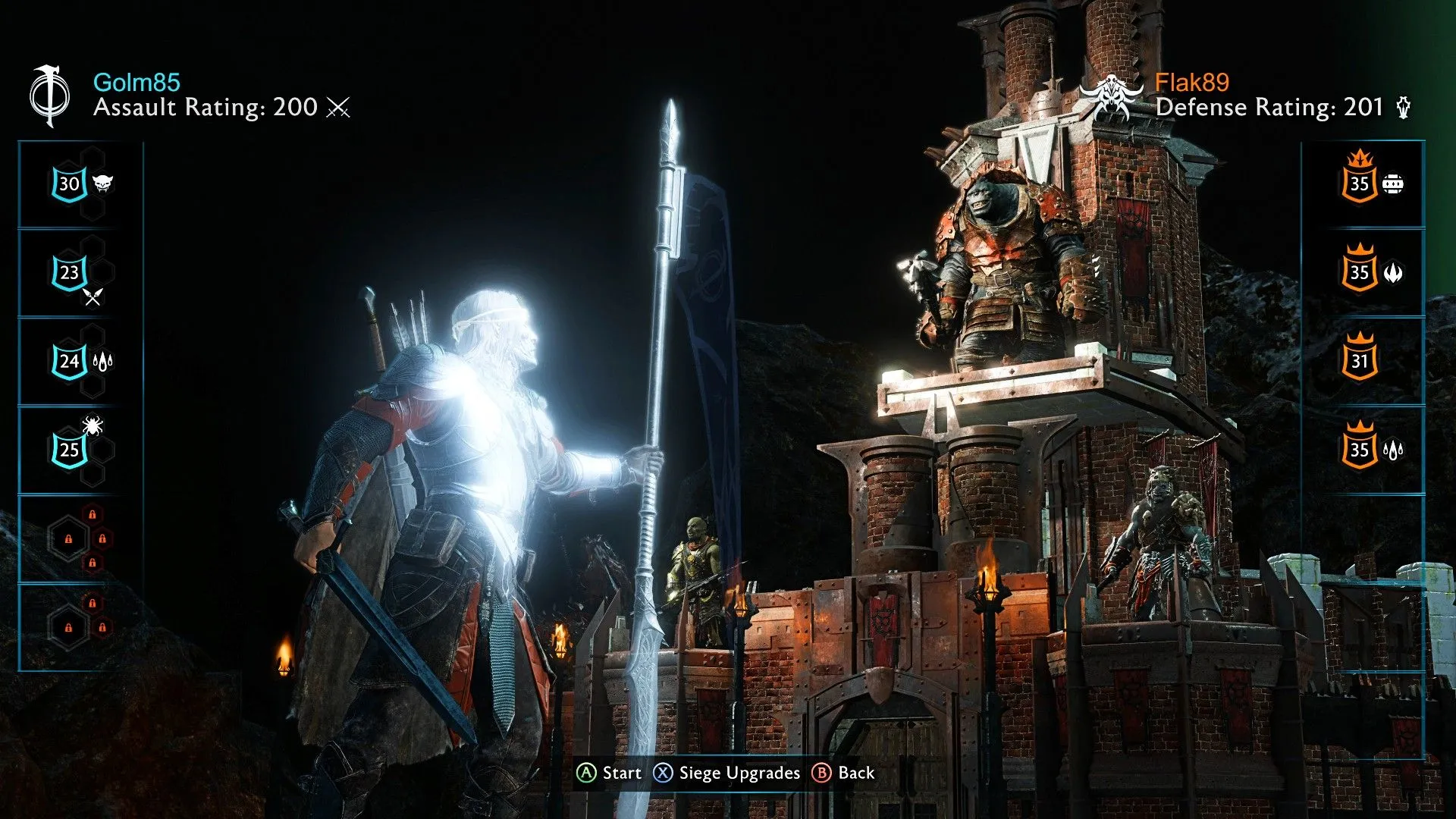 Talion đối mặt với Overlord Orc trên ngai vàng trong một lâu đài, tượng trưng cho những cuộc đối đầu cá nhân và hệ thống phân cấp kẻ thù mà Nemesis System tạo ra.