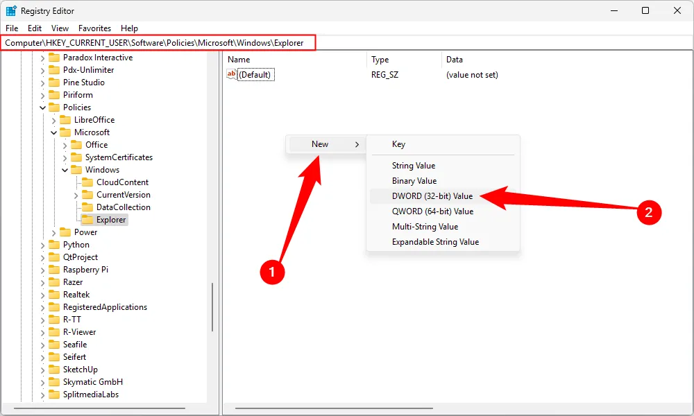 Tạo giá trị DWORD (32-bit) mới trong Registry Editor để tối ưu Windows 11.