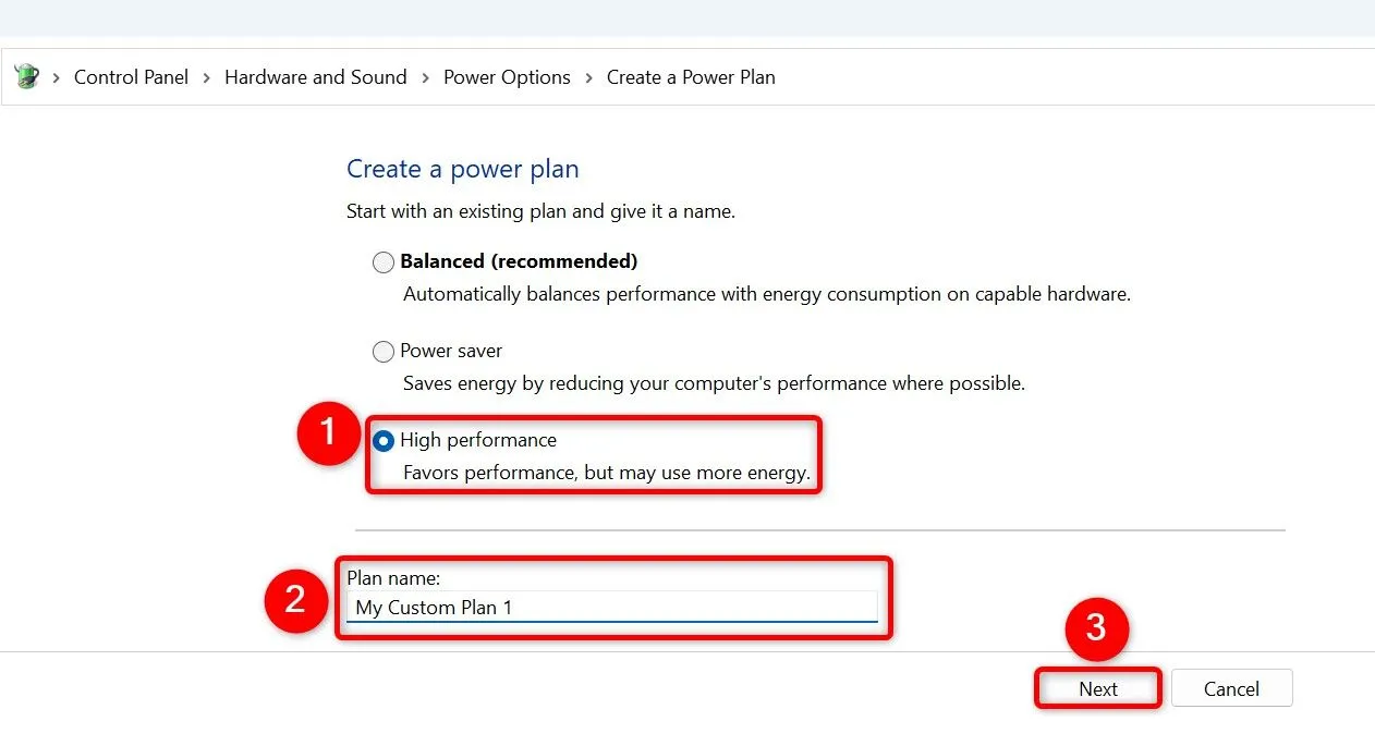Tạo một gói năng lượng tùy chỉnh với thiết lập hiệu suất cao trên Windows 11