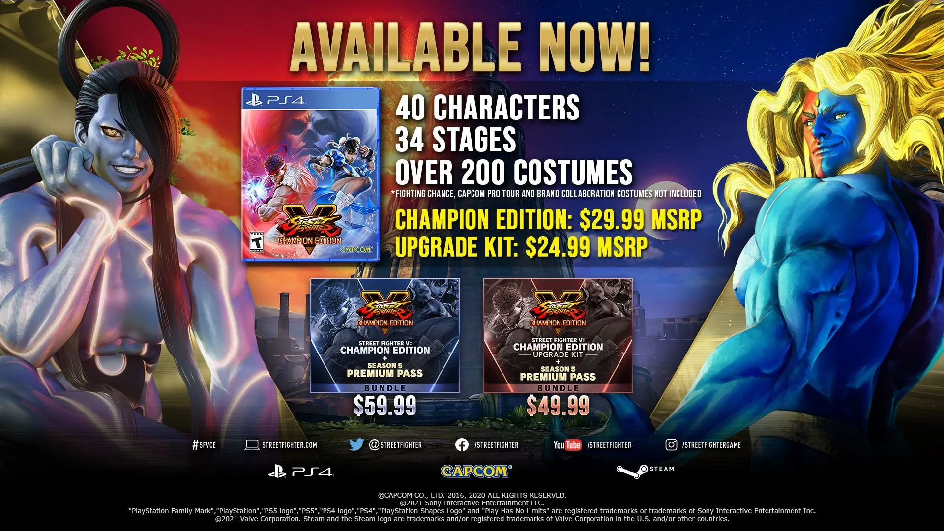 Tất cả nội dung có trong phiên bản Street Fighter V: Champion Edition, minh họa gói game hoàn chỉnh với đầy đủ nhân vật và DLC.