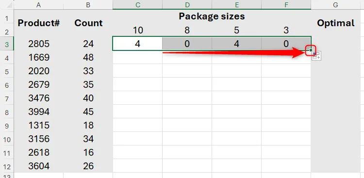Tay cầm điền trong Excel được sử dụng để sao chép hàm MOD cho một hàng.