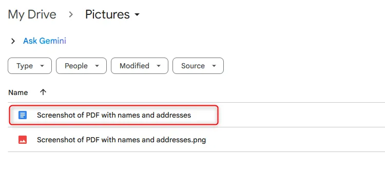 Tệp Google Tài liệu mới được tạo tự động với cùng tên với tệp PNG gốc trong thư mục Google Drive