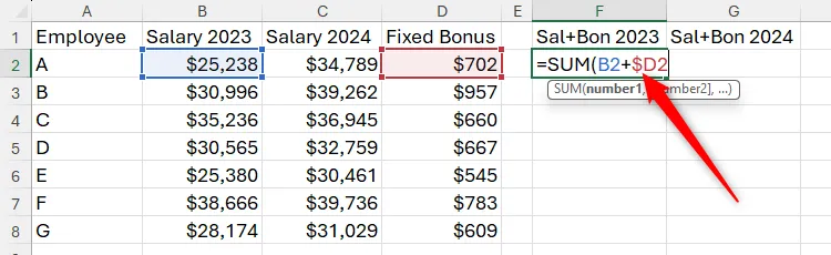 Tham chiếu ô D2 trong công thức Excel được chuyển thành tham chiếu hỗn hợp $D2, cố định cột D nhưng giữ hàng tương đối, bằng cách nhấn F4 ba lần.