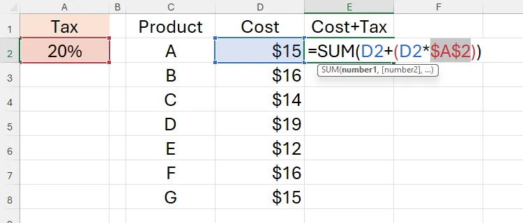 Tham chiếu tương đối A2 được chuyển thành tham chiếu tuyệt đối $A trong Excel sau khi nhấn F4, với ký hiệu đô la thể hiện khóa hàng và cột.