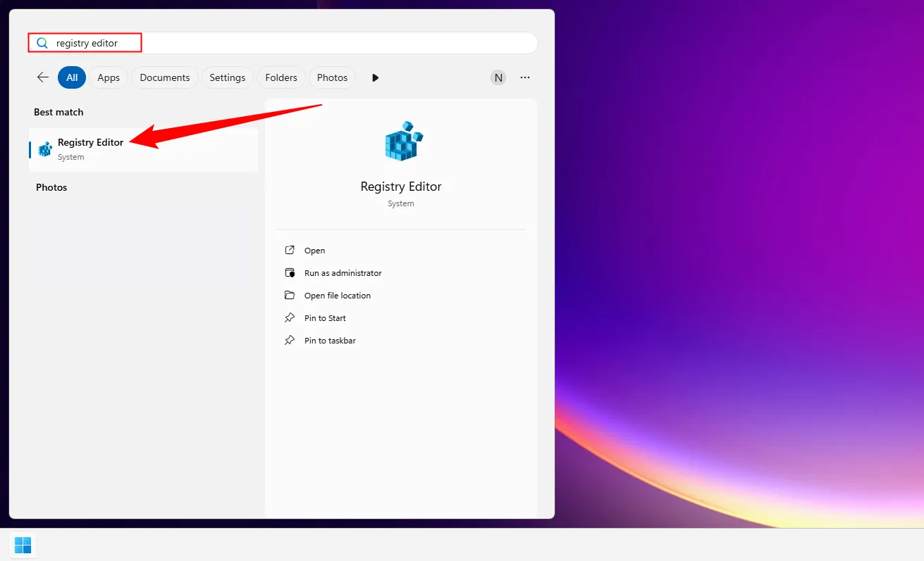 Thanh tìm kiếm Start Menu trên Windows 11 hiển thị kết quả &quot;Registry Editor&quot;.