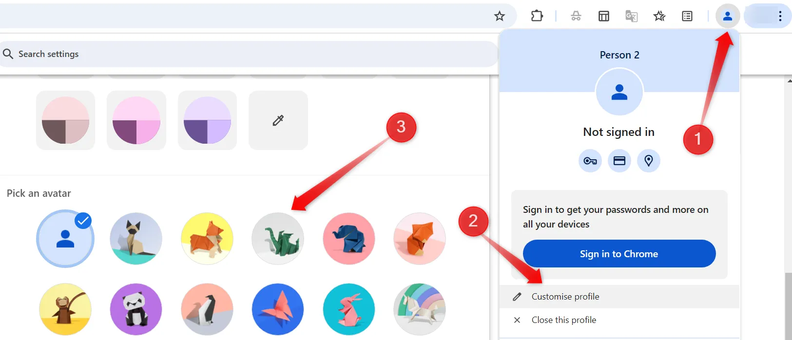 Thay đổi ảnh đại diện (avatar) cho hồ sơ người dùng trong trình duyệt Google Chrome.