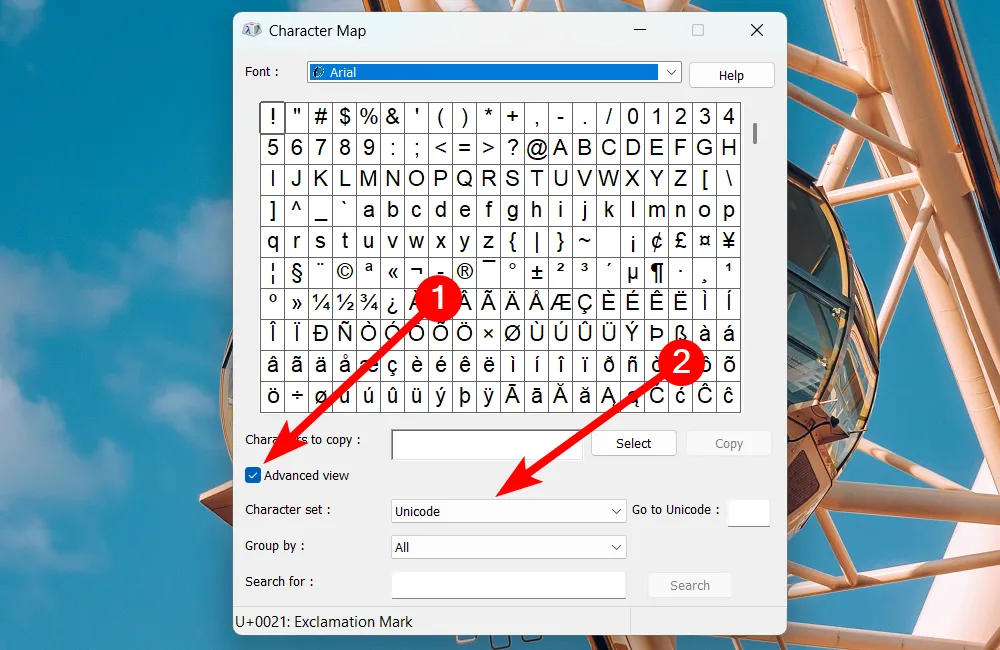 Thay đổi cài đặt mã hóa ký tự nâng cao trong Bản đồ Ký tự Windows 11.