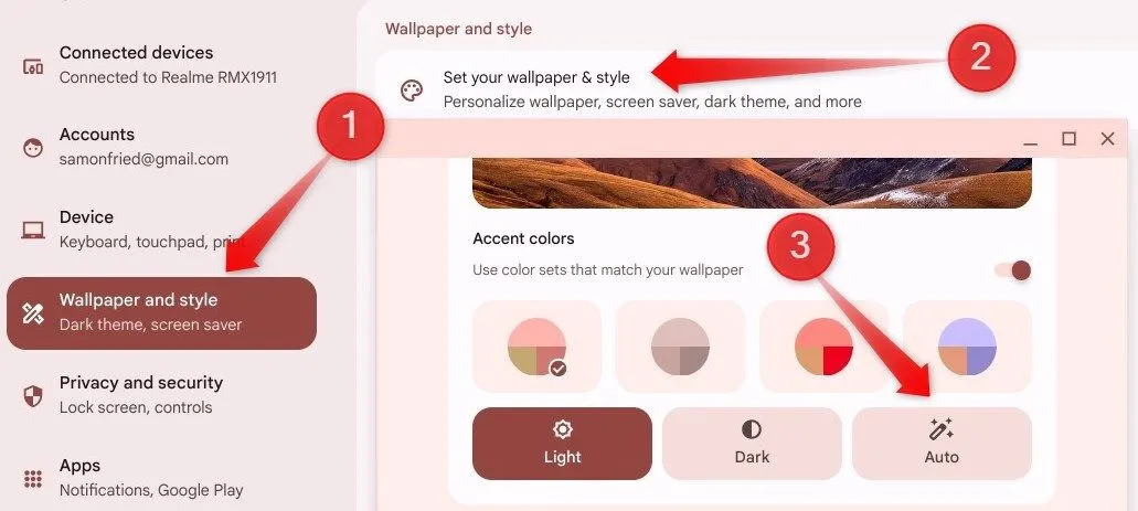 Thay đổi giao diện ChromeOS sang chế độ tối (Dark mode) hoặc sáng (Light mode) trong cài đặt.