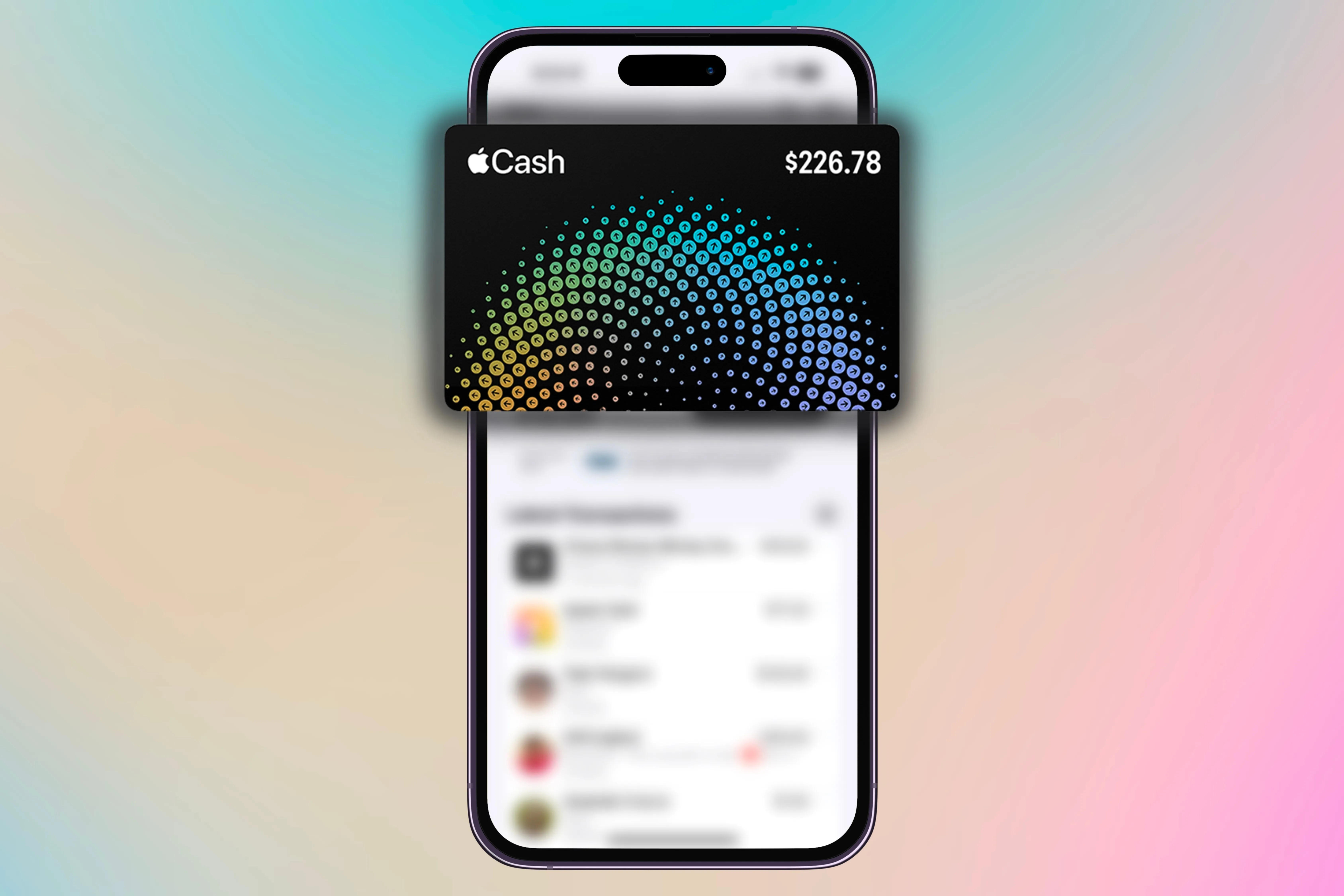 Thẻ Apple Cash nổi bật trên nền đầy màu sắc, hiển thị các giao dịch khác nhau