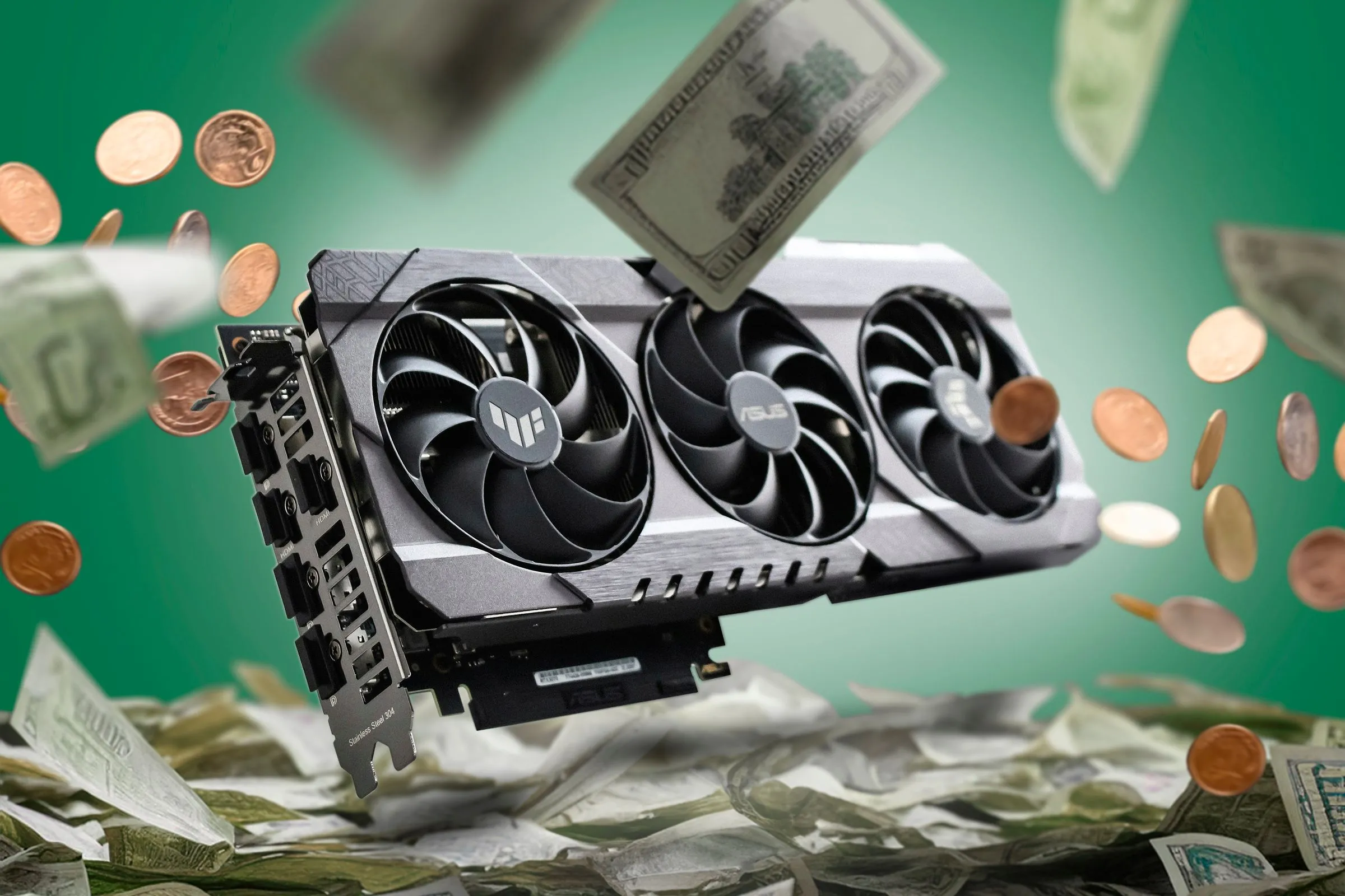 Thẻ đồ họa GPU được bao quanh bởi một đống tiền