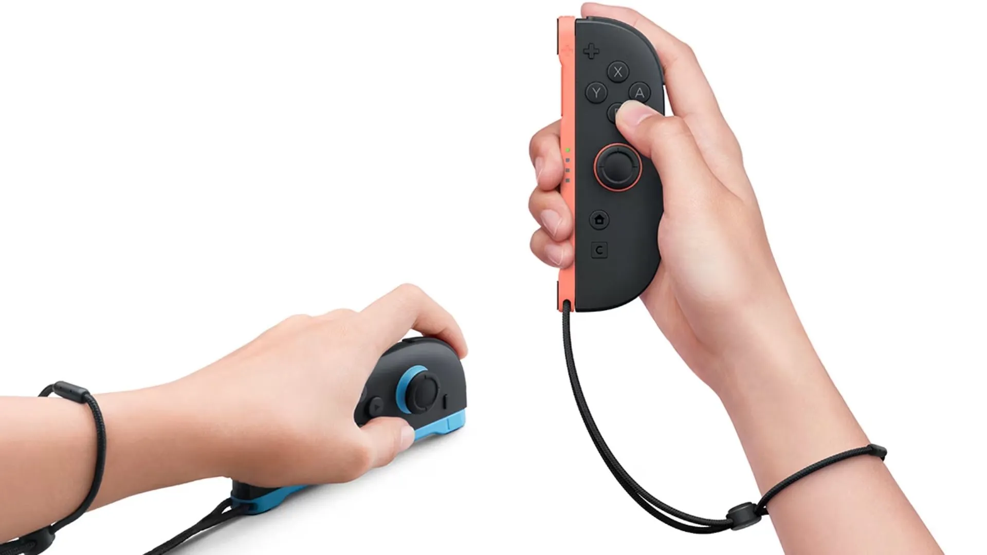 The left Joy-Con 2 in mouse mode and the right Joy-Con 2 being held up.