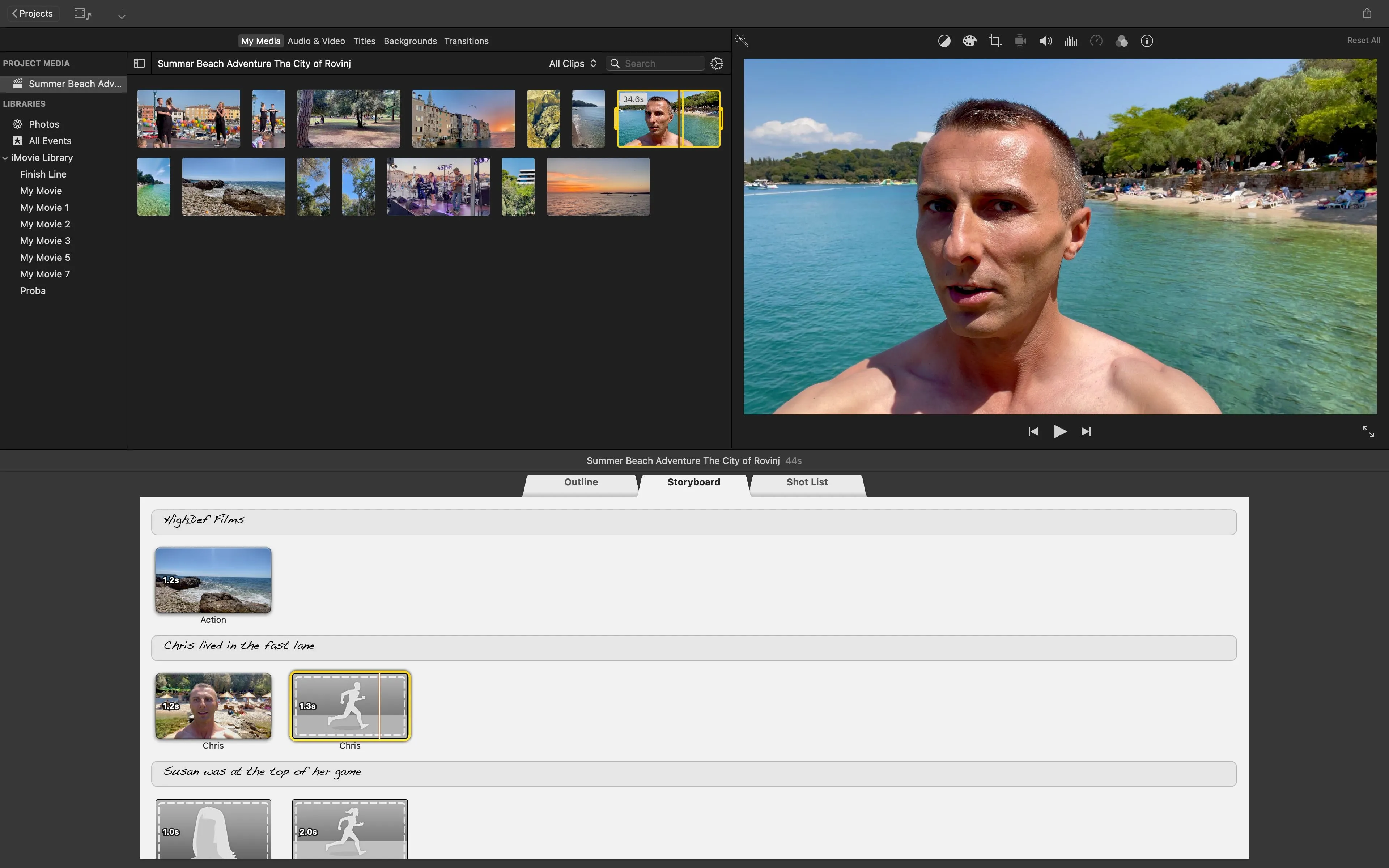Thêm video vào một vị trí giữ chỗ trên bảng phân cảnh trong iMovie trên Mac, cho phép tùy chỉnh điểm bắt đầu của clip.
