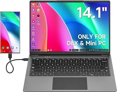 Thiết bị Dopesplay Lapdock với màn hình tích hợp, bàn phím và pin 5000mAh, hiển thị khả năng biến điện thoại thành laptop di động.