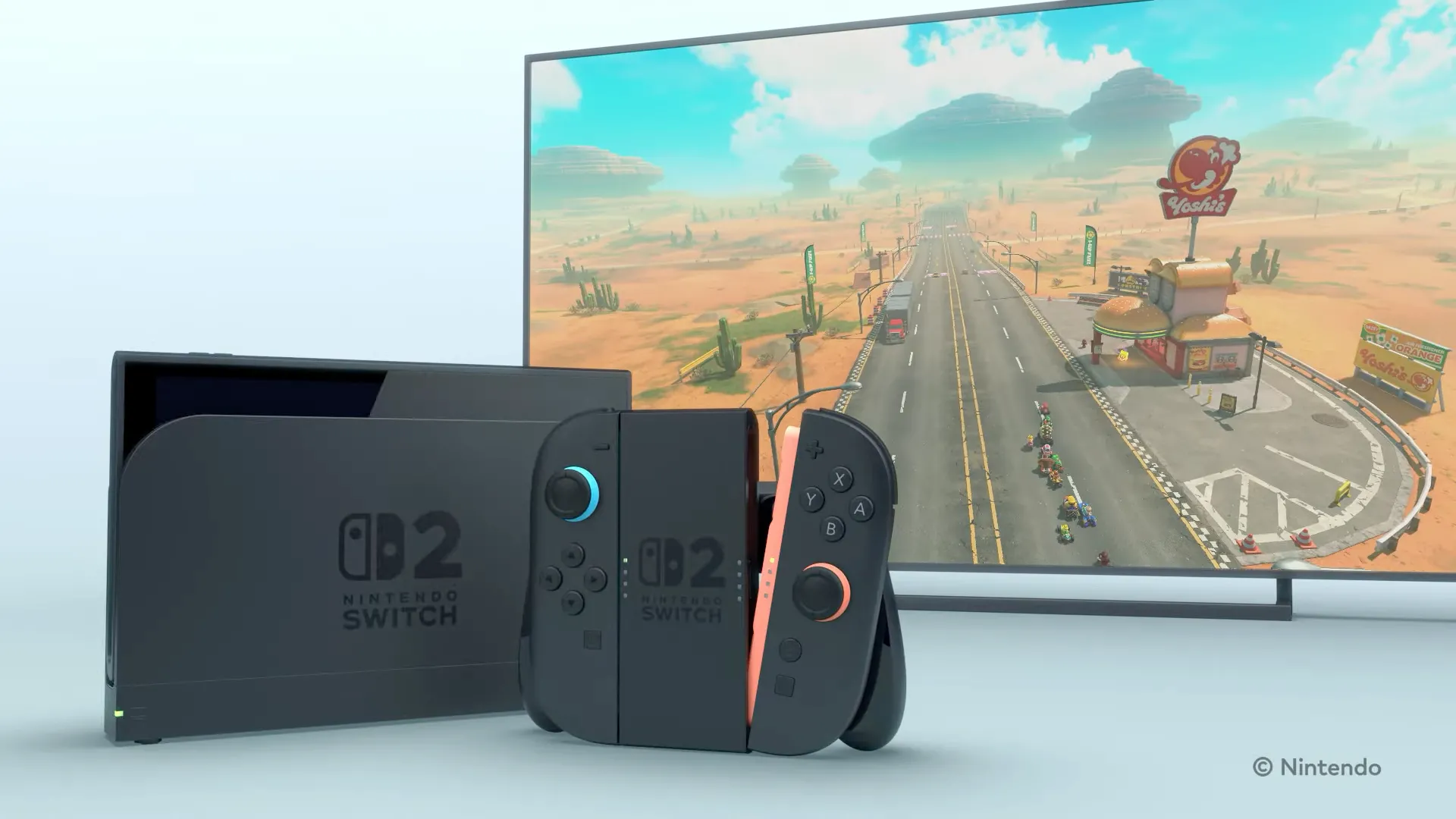Thiết kế Nintendo Switch 2 trong dock, Joy-Con và màn hình chơi Mario Kart 9