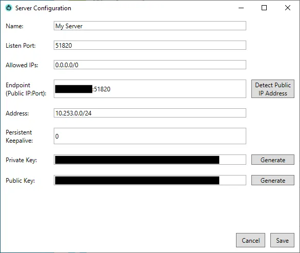 Thiết lập cài đặt máy chủ Wireguard trong Wg Server for Windows, bao gồm tạo khóa và phát hiện IP công cộng