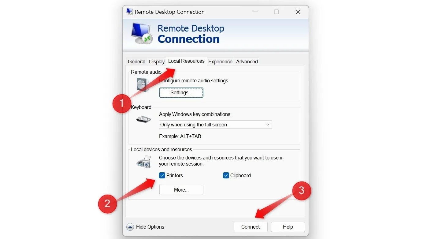 Thiết lập Remote Desktop Connection cho phép truy cập máy in từ xa trong hệ điều hành Windows.