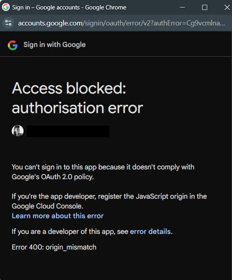 Thông báo lỗi khi cố gắng đăng nhập vào Free Domain bằng Google Single Sign-On (SSO).