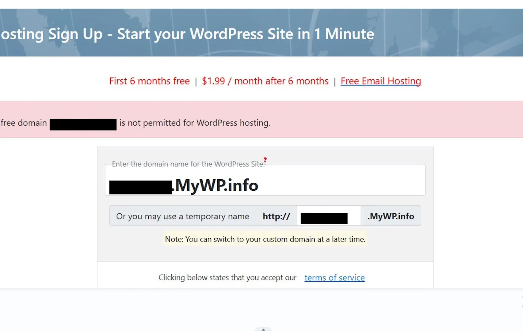 Thông báo lỗi khi cố gắng kích hoạt Free WordPress Hosting cho tên miền miễn phí trên Free Domain.