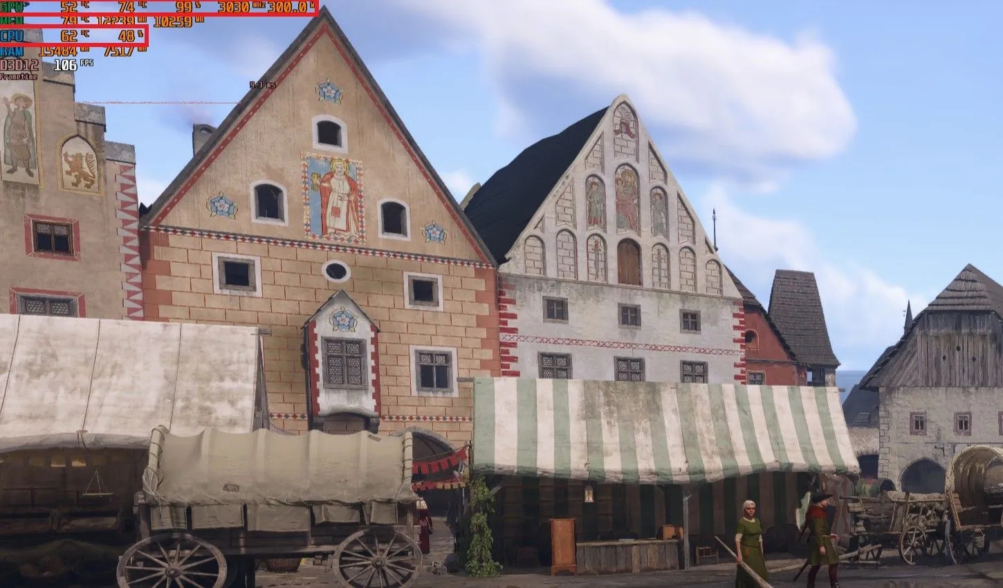 Thống kê hiệu suất trong game Kingdom Come Deliverance II sau khi nâng cấp lên CPU Ryzen 5700X3D, cho thấy GPU utilization đạt 99% và cải thiện FPS rõ rệt.
