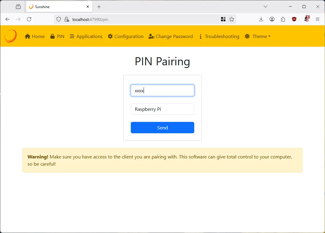 Thực hiện ghép nối Sunshine với Moonlight bằng cách nhập mã PIN.