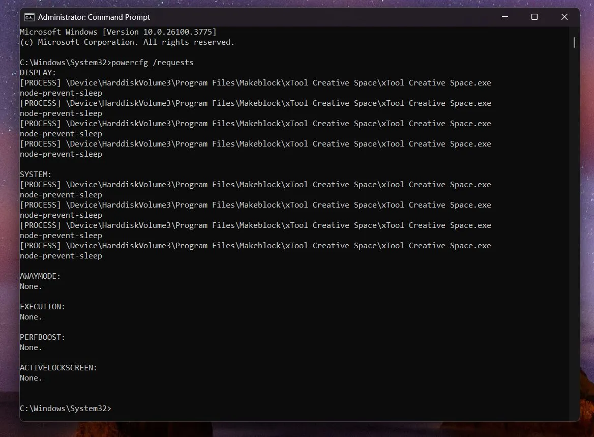 Thực thi lệnh powercfg /requests trong cửa sổ Command Prompt của Windows
